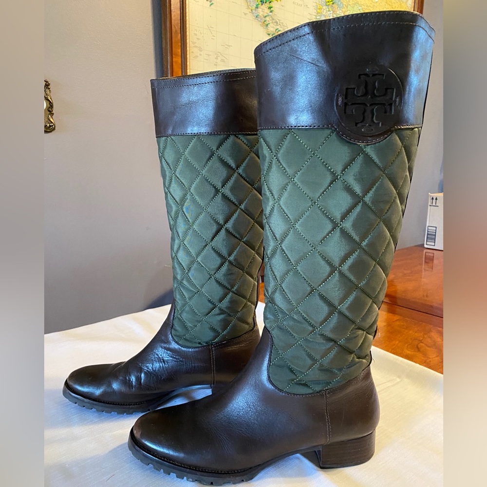 Tory Burch Rowan Quilted Green Riding Boots